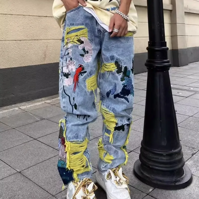 Street Fashion Jeans Men - جينز هيب هوب أمريكي عتيق مطرز